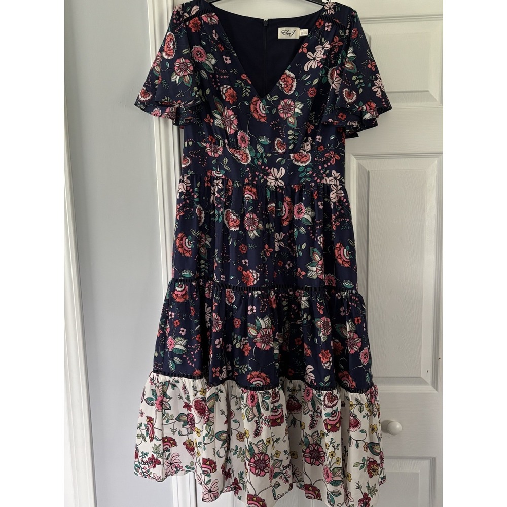 Eliza J Dress Women's 12 Blue Floral Lace Tiered Flutter Sleeve Midi Cottagecore